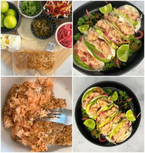 Ingredients and Assembled Salmon Tacos arranged on plates