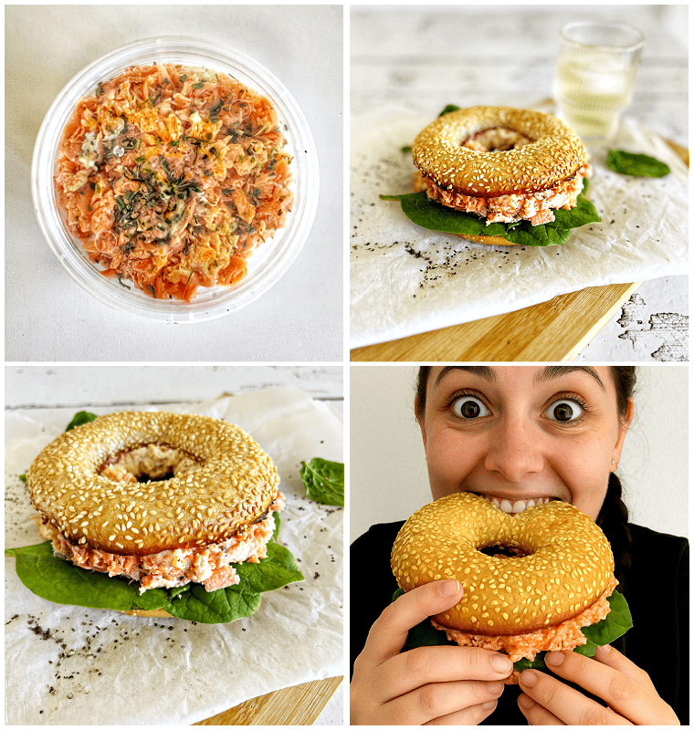 Toasted Bagels with Smoked Salmon presented on plates with side salad